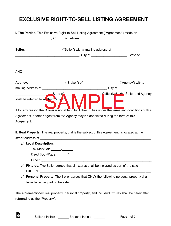 Exclusive Right-To-Sell Listing Agreement Sample